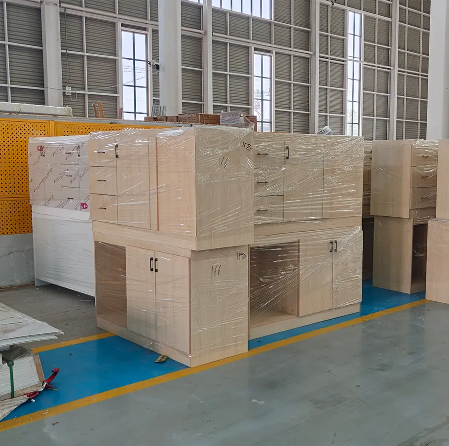Container house interior cabinets and furniture prepared in prefab housing factory