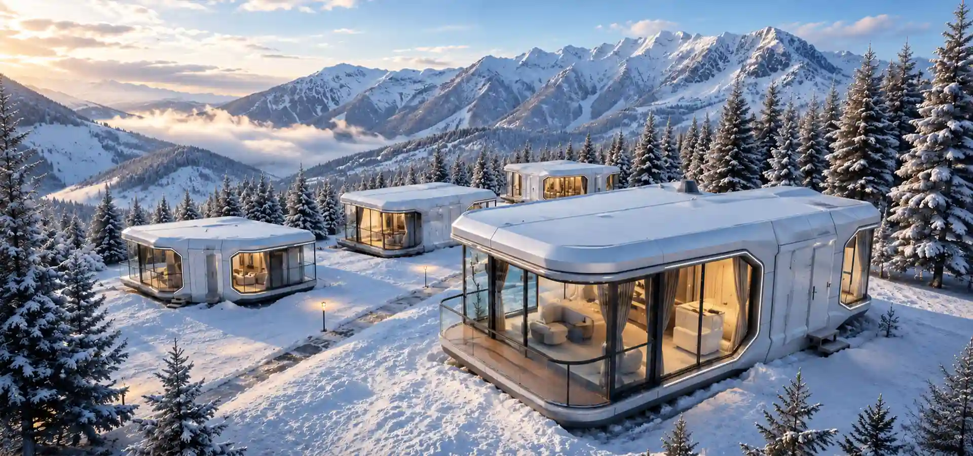 Capsule House resort in snowy mountain landscape with panoramic glass windows