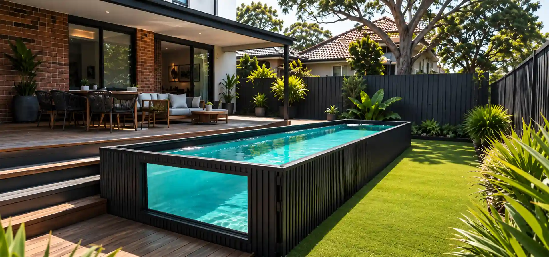 Container swimming pool with glass viewing window in modern backyard