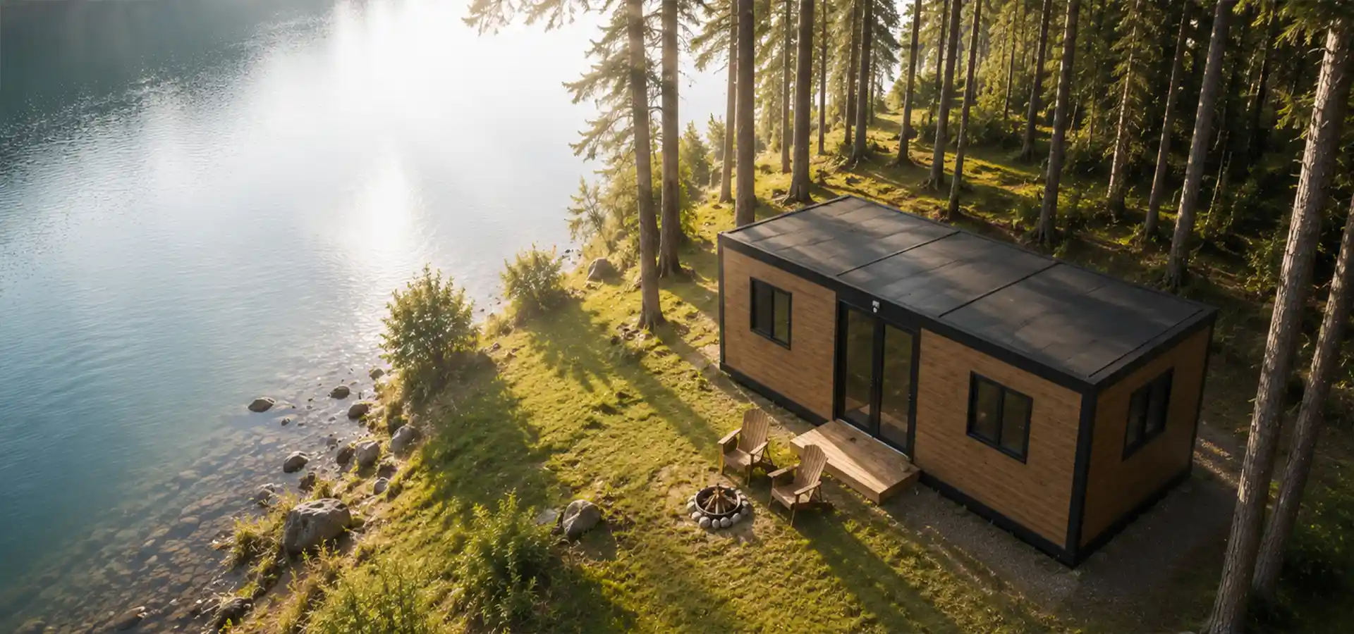 Modern prefab container house for residential living and vacation accommodation by a lakeside forest