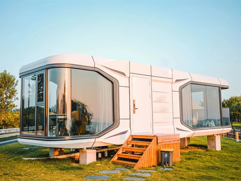 Capsule House with panoramic glass windows and modern modular design