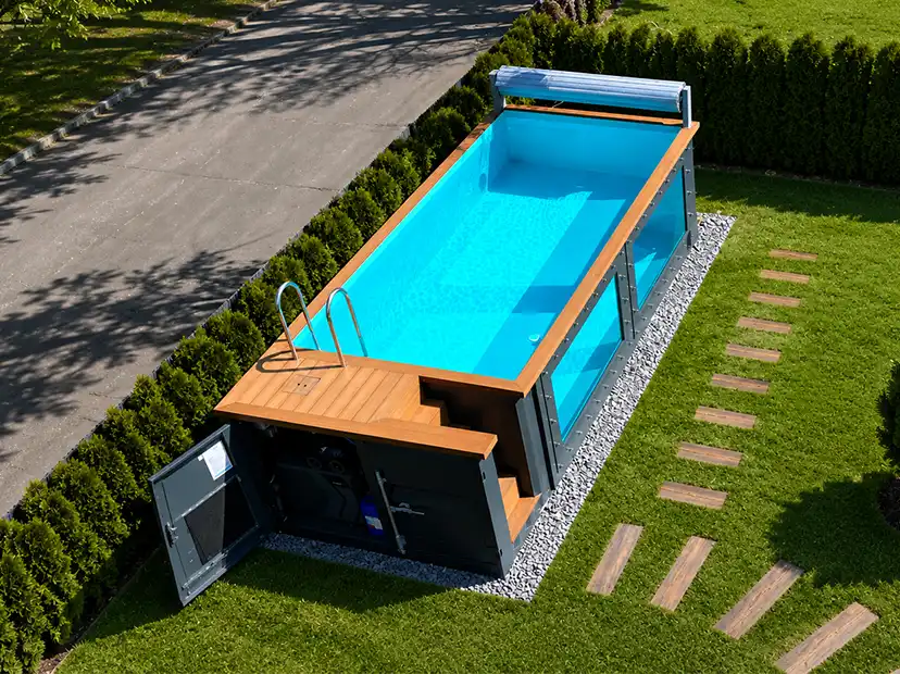 Container swimming pool with wooden deck for backyard outdoor use