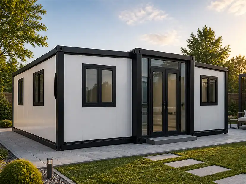 Expandable container homes with modern modular design and large glass doors